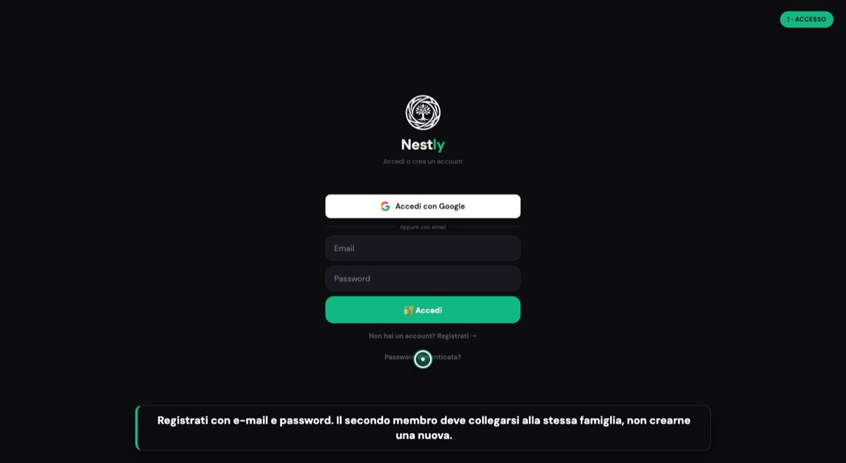 Schermata di accesso e registrazione di Nestly