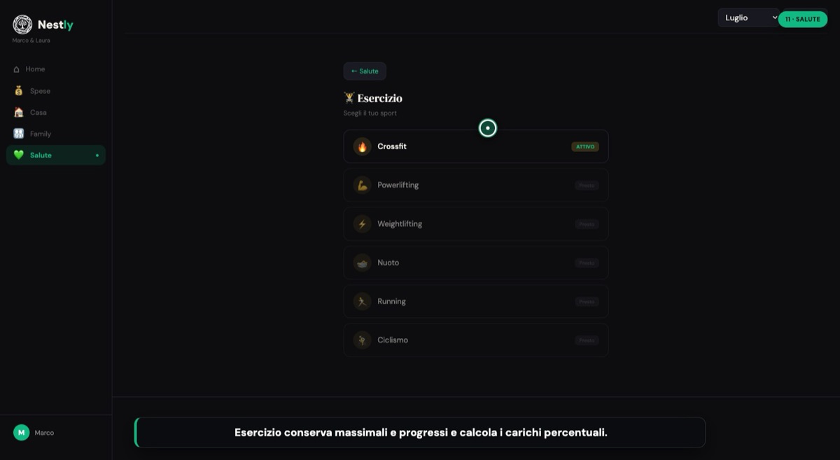 Sezione Salute di Nestly con la scelta dello sport, ad esempio Crossfit