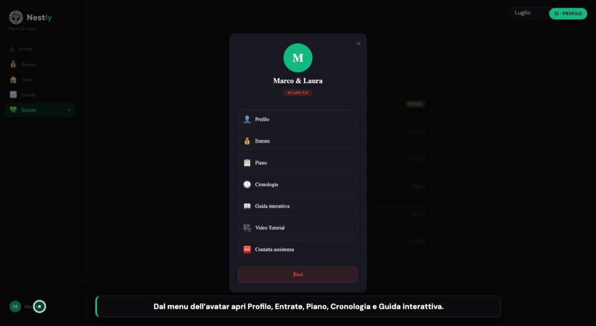 Menu Profilo di Nestly con le voci Profilo, Entrate, Piano, Cronologia, Guida interattiva, Video Tutorial e Contatta assistenza