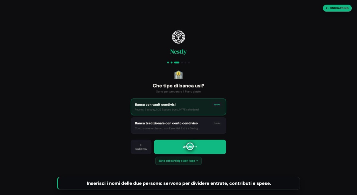 Onboarding Nestly: scelta tra banca con vault condivisi e banca tradizionale con conto condiviso