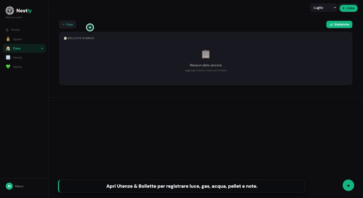 Sezione Casa di Nestly con storico bollette e pulsante Statistiche